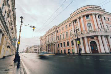 Old street with transport motion in Saint Petersburg, Russia. Horizontal image. 