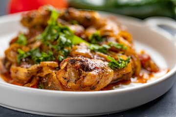 Spicy delicious chicken wings cooked with hot sauce and tomato with caramelized onions topped with chopped cilantro