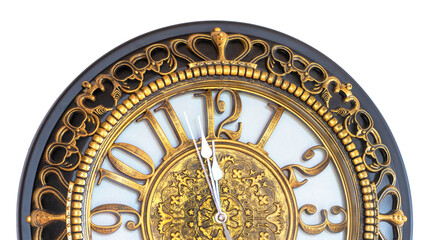 The upper part of the clock, which shows the approach of the New Year. Clock with decorative frame on a white isolated background