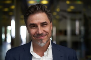 Portrait of happy mature man smiling and looking at camera. Confident businessman wearing suit, standing in office building hallway.