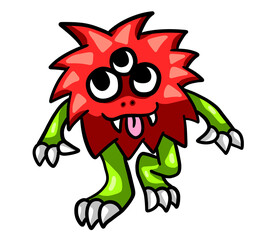 Adorable Stylized Funny Three Eyed Red Monster