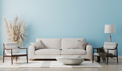 Light blue room interior, living room interior mockup, empty pink wall, 3d rendering