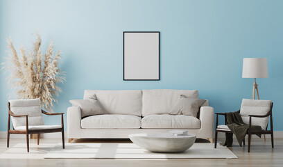 Blank poster frame mock up in light blue room interior , 3d rendering