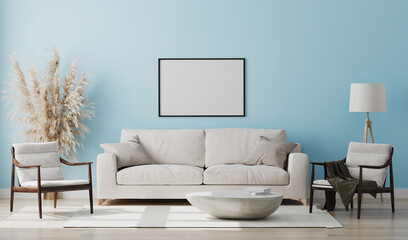 Blank picture frame mock up in light blue room interior , 3d rendering