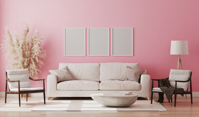Blank three poster frames mock up in pink room interior , 3d rendering