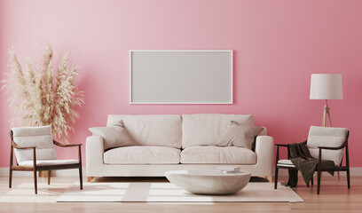 Blank picture frame mock up in pink room interior , 3d rendering