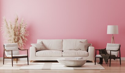 Pink room interior, living room interior mockup, empty pink wall, 3d rendering © Oleksandr