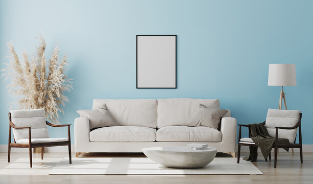Blank poster frame mock up in light blue room interior , 3d rendering