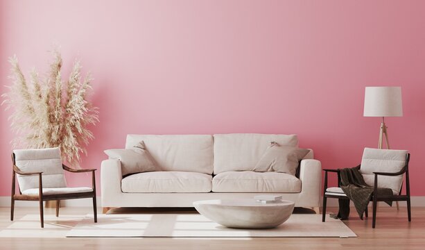 Pink room interior, living room interior mockup, empty pink wall, 3d rendering