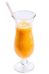 Fresh orange smoothie. tall glass beaker with a straw.