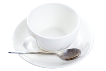 empty coffee cup with saucer and spoon. isolated on white.