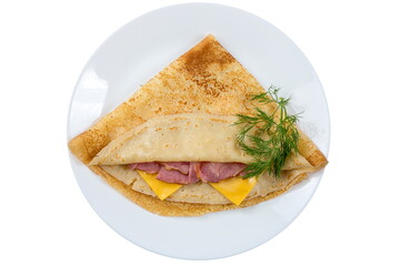 pancakes with cheese and bacon. isolated on white.