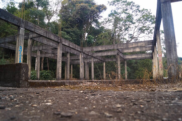 um lugar abandonado com folhas secas no chão e uma floresta ao fundo
