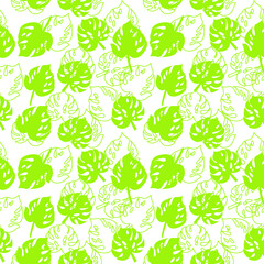 Seamless pattern, monstera leaves on a white background. Vector illustration, idea for packaging design, textiles. Flat cartoon color design, eps 10.
