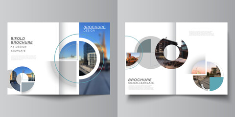 Vector layout of two A4 cover mockups design template for bifold brochure, flyer, cover design, book, brochure cover. Background with abstract circle round banners. Corporate business concept template
