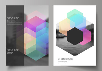 Vector layout of A4 format cover mockups design templates with colorful hexagons, geometric shapes, tech background for brochure, flyer layout, booklet, cover design, book design, brochure cover.