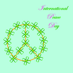 Colorful peace symbol, circle shape composition with green flowers. International Day of Peace. September 21. Vector illustration