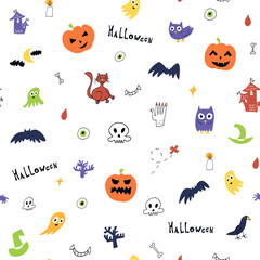 Obraz premium Halloween hand drawn pumpkin vector doodle seamless pattern