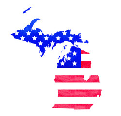 Watercolor hand drawn illustration of Michigan state map with USA flag texture