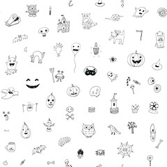 Halloween objects line hand drawn vector doodle seamless pattern