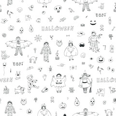 Halloween with kids, pumpkin, cats, moon, skull line hand drawn vector doodle seamless pattern