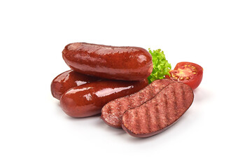 Grilled pork sausages, Oktoberfest dishes, isolated on white background
