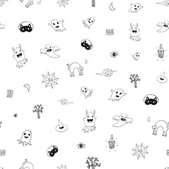 Halloween hand drawn line vector doodle seamless pattern