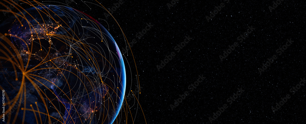 Poster Photo of Energy Digitalization and Communication technology for internet business. Global world network and telecommunication on earth and IoT. Elements of this image furnished by NASA
