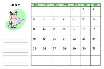 Ready-to-print A4 calendar planner for 2021 with a cute bull, cow or ox, the symbol of the new year 2021 according to the Chinese or Eastern calendar. 