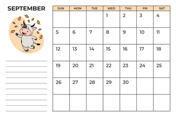 Ready-to-print A4 calendar planner for 2021 with a cute bull, cow or ox, the symbol of the new year 2021 according to the Chinese or Eastern calendar. 