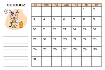 Ready-to-print A4 calendar planner for 2021 with a cute bull, cow or ox, the symbol of the new year 2021 according to the Chinese or Eastern calendar. 
