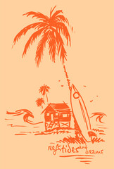Vector illustration of surfer's hut with palm tree and surfboard. Tropical landscape.