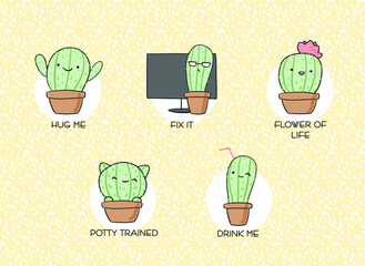 Cactus hand-drawn vector stickers. Various situations. Pastel colors patterned background