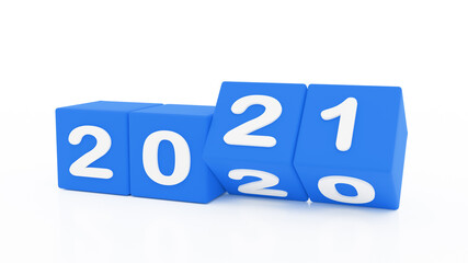 2021 New year change, turn. 2021 start 2020 end, blue dice isolated against white background. 