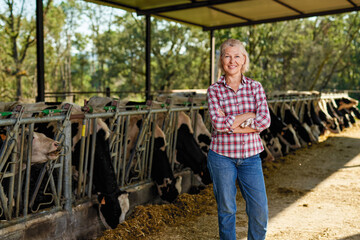 Farmer woman is working on farm with dairy cows