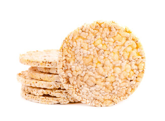Crispbread with chia seeds and salt, isolated on white background. Corn crisps. Dietary food with low calories.