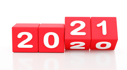 2021 New year change, turn. 2021 start 2020 end, red dice isolated against white background. 