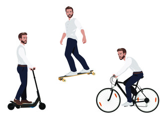 Handsome young businessman riding. Longboard, bike, scooter