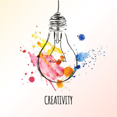 Creativity concept. Light bulb with watercolor splashes. Concept or creative thinking and unique ideas. Vector illustration
- 374547989