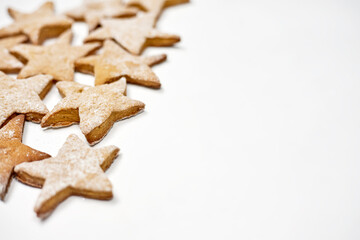 A pile of star shape sweet cookies with copy space