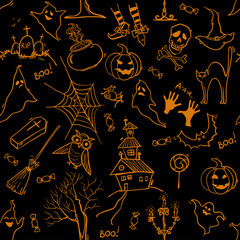 Seamless Halloween pattern with hand drawn doodle elements. Vector background