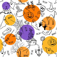 Seamless Halloween pattern with hand drawn doodle elements. Vector background