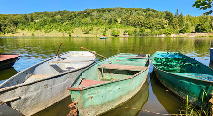 Boat station with lake on background in the summer season