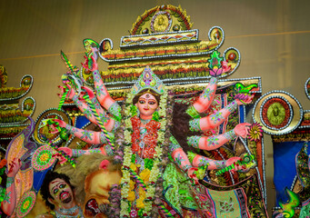 Close up view of Maa Durga's Face during Durga Puja .Durga Puja or Durgotsava,is an annual Hindu festival celebrated mainly in West Bengal,India.