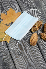 A medical mask among dried maple leaves and spruce cones. On brushed pine boards painted black and white.