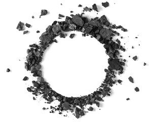 Black coal dust with fragments in shape circle isolated on white background and texture, top view