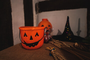 Kids halloween bucket and witches hat