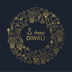 Happy Diwali design with Festival line icons symbols. Vector background - 374552364