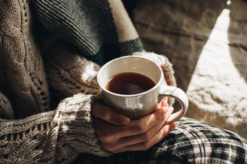 Cozy autumn or winter atmosphere. Young woman with cup of tea and warm sweater is seating at home near the window. Scandinavian hygge concept.