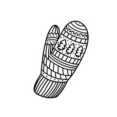 Knitted mittens with Christmas pattern of Christmas trees and snowflakes. Scandinavian style.Vector illustration in Doodle style. Autumn and winter clothing. Warm mittens for protection from the cold
